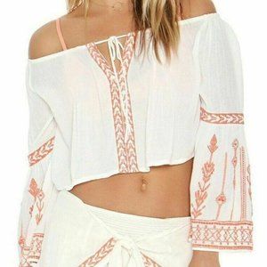 L*Space White and Coral Embroidered Crop Top